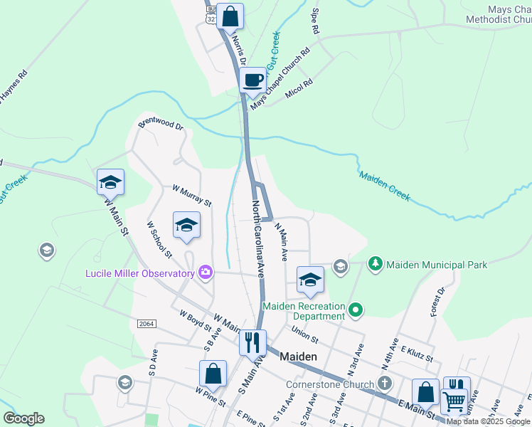 map of restaurants, bars, coffee shops, grocery stores, and more near 605 North Main Avenue in Maiden