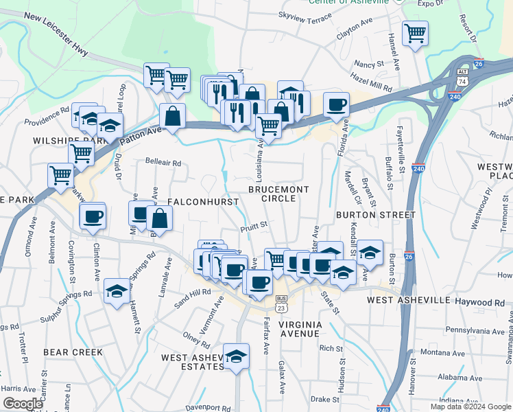 map of restaurants, bars, coffee shops, grocery stores, and more near 149 Dunwell Avenue in Asheville