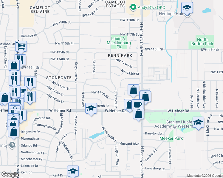 map of restaurants, bars, coffee shops, grocery stores, and more near 2321 Northwest 112th Street in Oklahoma City