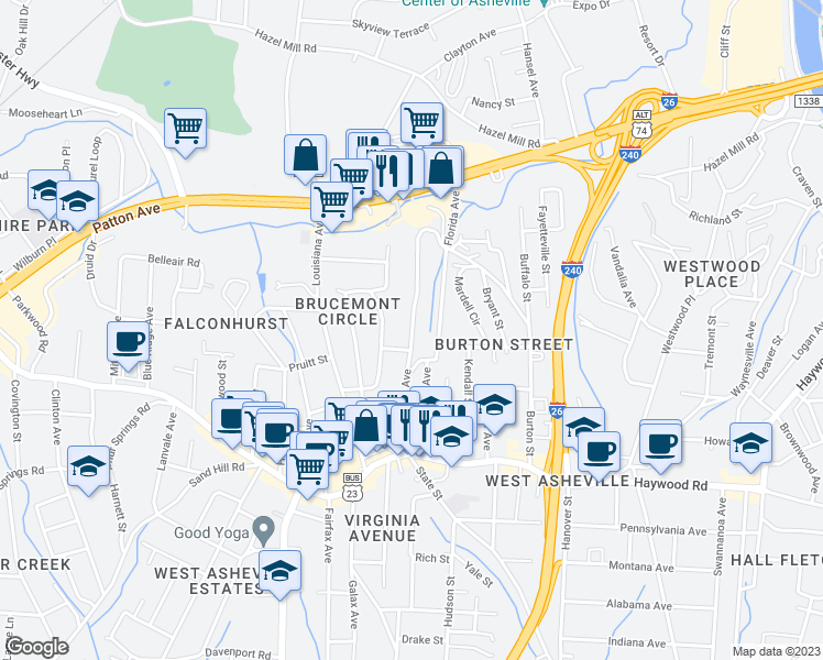 map of restaurants, bars, coffee shops, grocery stores, and more near 110 Dorchester Avenue in Asheville