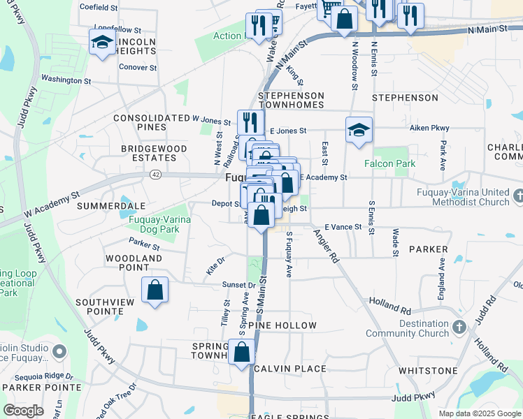 map of restaurants, bars, coffee shops, grocery stores, and more near 101 Raleigh Street in Fuquay-Varina