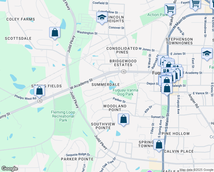 map of restaurants, bars, coffee shops, grocery stores, and more near 133 Lyonshall Street in Fuquay-Varina