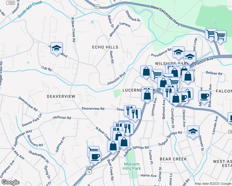 map of restaurants, bars, coffee shops, grocery stores, and more near 71 Deaverview Road in Asheville