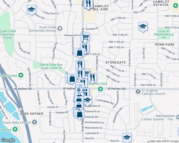 map of restaurants, bars, coffee shops, grocery stores, and more near 10958 North May Avenue in Oklahoma City