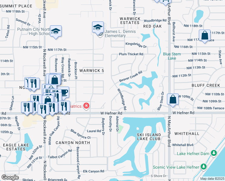 map of restaurants, bars, coffee shops, grocery stores, and more near 6408 Beaver Creek Road in Oklahoma City