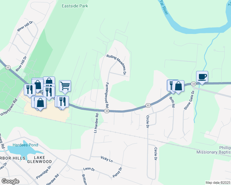 map of restaurants, bars, coffee shops, grocery stores, and more near 403 Farmingwood Road in Greenville