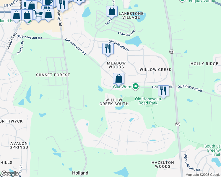 map of restaurants, bars, coffee shops, grocery stores, and more near 1654 Southcross Street in Fuquay Varina