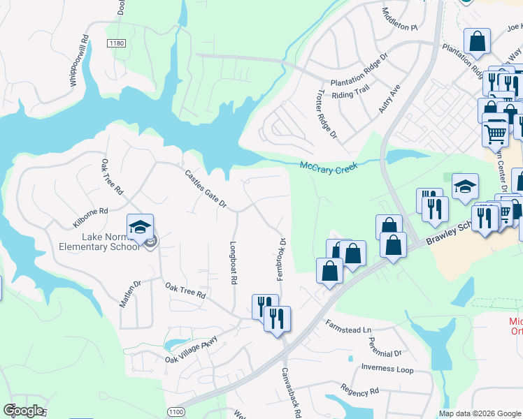 map of restaurants, bars, coffee shops, grocery stores, and more near 117 Abberly Green Boulevard in Mooresville