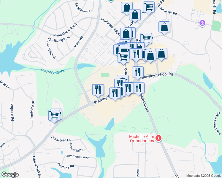 map of restaurants, bars, coffee shops, grocery stores, and more near 664 Brawley School Road in Mooresville