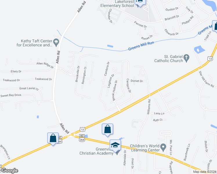 map of restaurants, bars, coffee shops, grocery stores, and more near 2099 Leighton Drive in Greenville