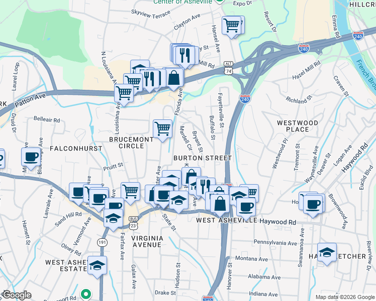 map of restaurants, bars, coffee shops, grocery stores, and more near 21 Mardell Circle in Asheville