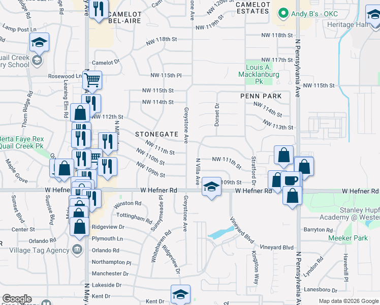 map of restaurants, bars, coffee shops, grocery stores, and more near 11204 Greystone Avenue in Oklahoma City