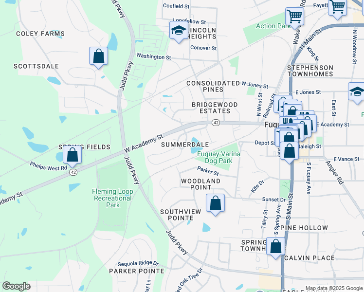 map of restaurants, bars, coffee shops, grocery stores, and more near 138 Lyonshall Street in Fuquay Varina