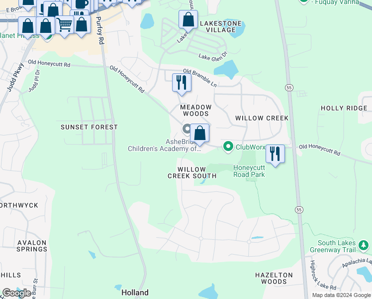 map of restaurants, bars, coffee shops, grocery stores, and more near 1654 Southcross Street in Fuquay Varina
