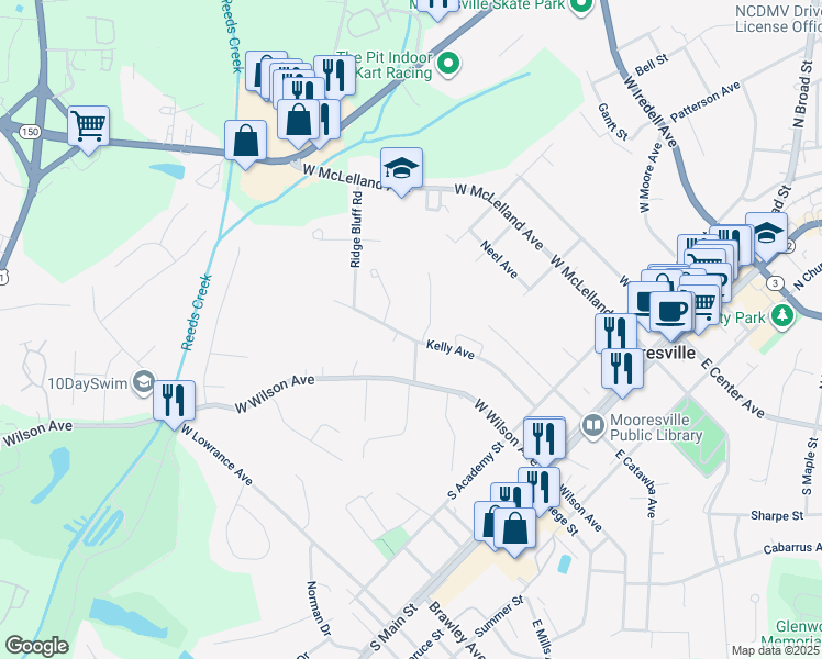 map of restaurants, bars, coffee shops, grocery stores, and more near 507 Kelly Avenue in Mooresville