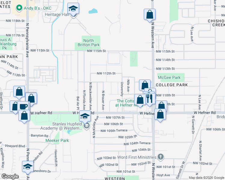 map of restaurants, bars, coffee shops, grocery stores, and more near 1214 Howard Drive in Oklahoma City