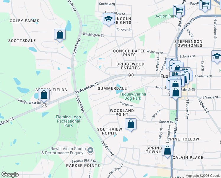 map of restaurants, bars, coffee shops, grocery stores, and more near 524 Stapleford Lane in Fuquay-Varina