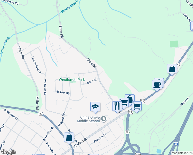 map of restaurants, bars, coffee shops, grocery stores, and more near 1028 Hickory Grove Lane in China Grove