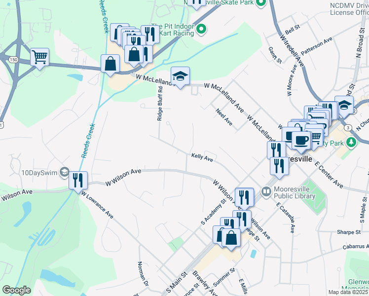 map of restaurants, bars, coffee shops, grocery stores, and more near 507 Kelly Avenue in Mooresville