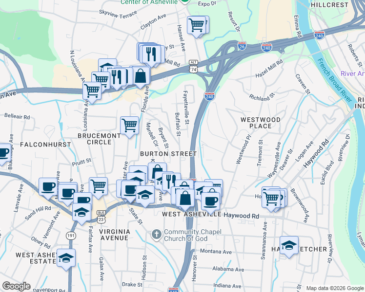 map of restaurants, bars, coffee shops, grocery stores, and more near 1 Buffalo Street in Asheville