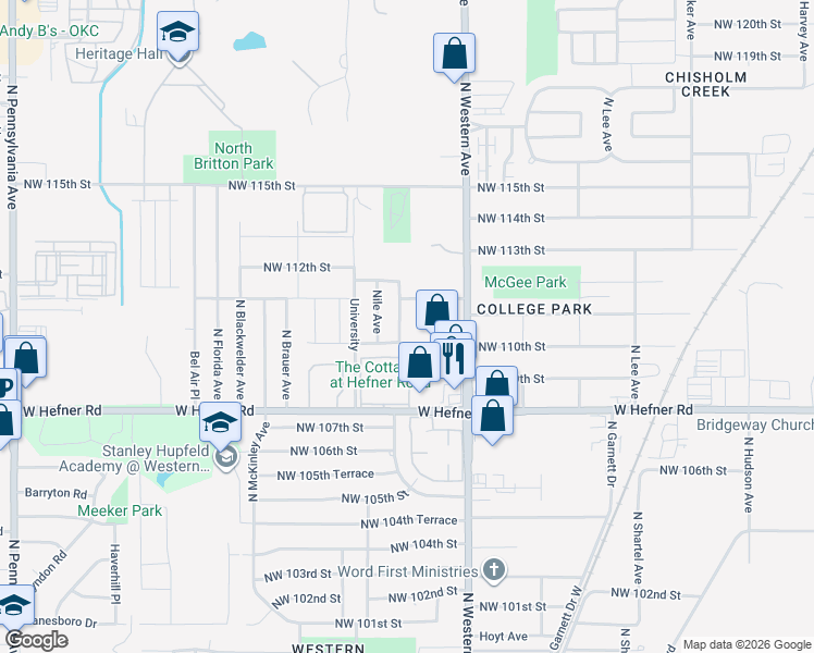 map of restaurants, bars, coffee shops, grocery stores, and more near 11210 Nile Avenue in Oklahoma City