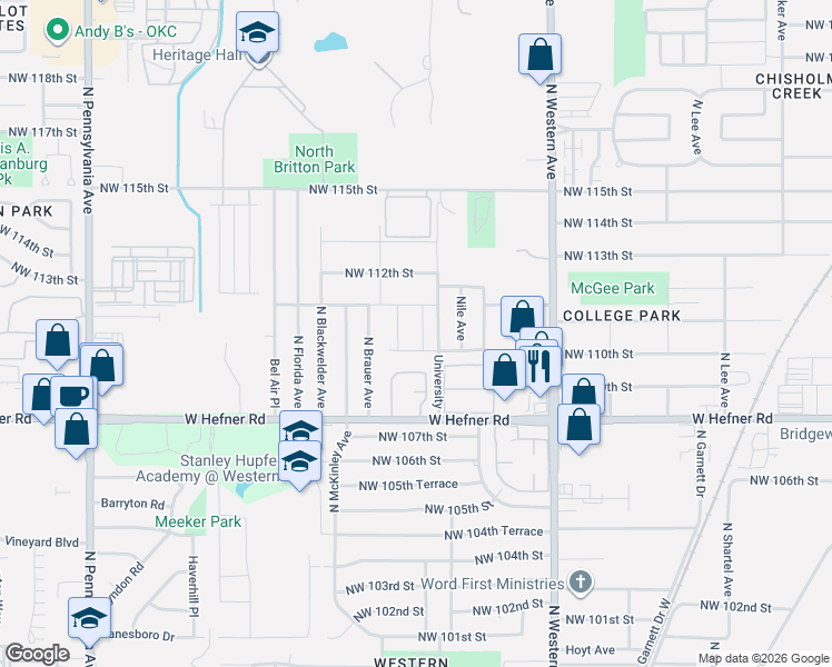 map of restaurants, bars, coffee shops, grocery stores, and more near 11222 University in Oklahoma City
