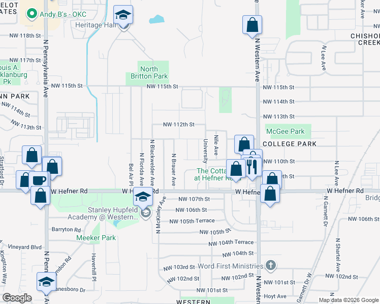map of restaurants, bars, coffee shops, grocery stores, and more near 1214 Howard Drive in Oklahoma City