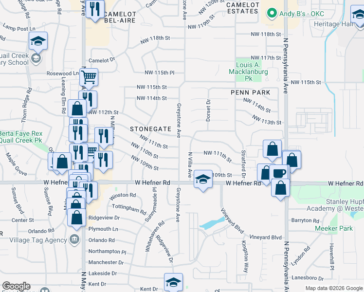 map of restaurants, bars, coffee shops, grocery stores, and more near 11204 Greystone Avenue in Oklahoma City