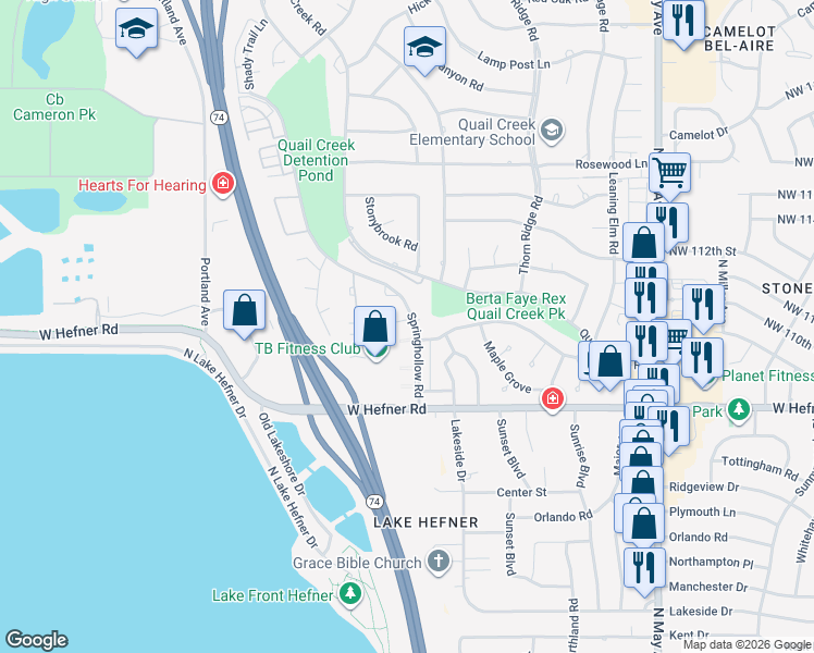 map of restaurants, bars, coffee shops, grocery stores, and more near 11108 Springhollow Road in Oklahoma City