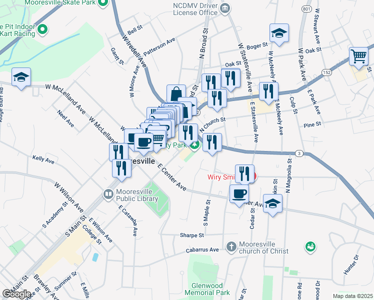 map of restaurants, bars, coffee shops, grocery stores, and more near 201 South Church Street in Mooresville