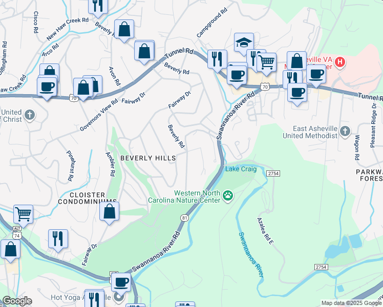 map of restaurants, bars, coffee shops, grocery stores, and more near 198 Beverly Road in Asheville