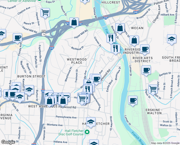 map of restaurants, bars, coffee shops, grocery stores, and more near 130 Waynesville Avenue in Asheville