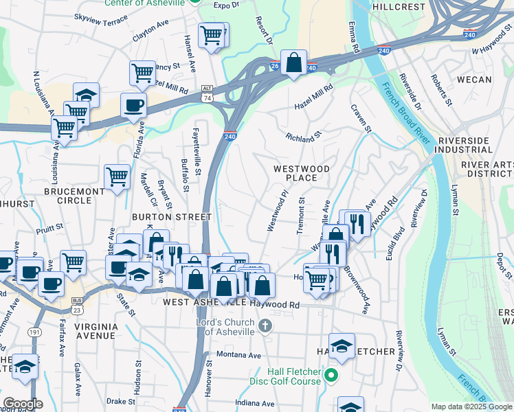 map of restaurants, bars, coffee shops, grocery stores, and more near 30 Vandalia Avenue in Asheville