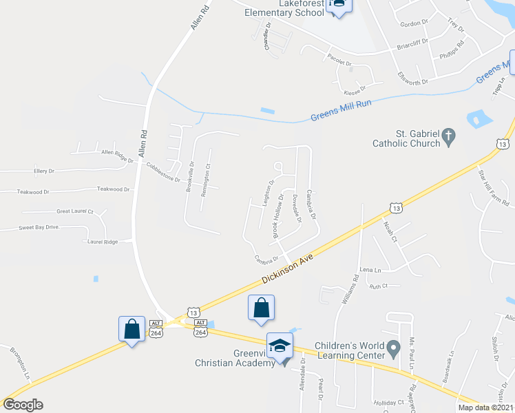 map of restaurants, bars, coffee shops, grocery stores, and more near Sandown Court in Greenville