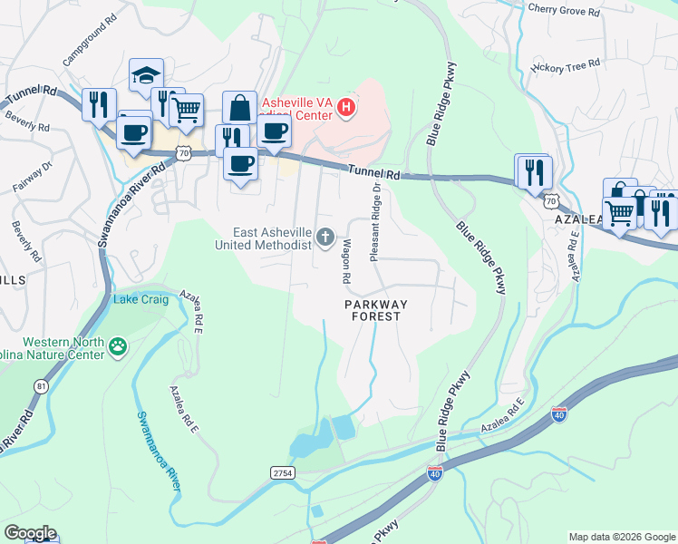 map of restaurants, bars, coffee shops, grocery stores, and more near 27 Wagon Road in Asheville