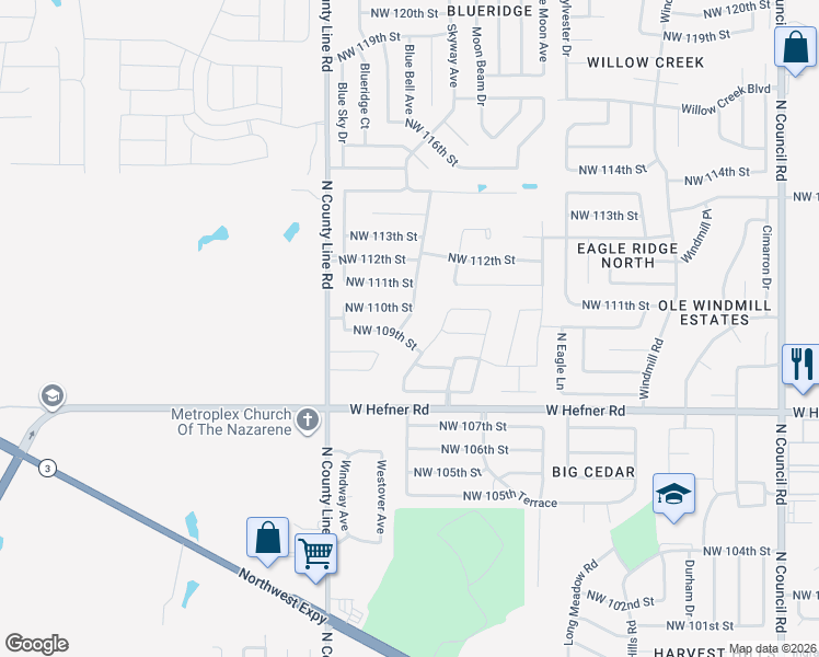 map of restaurants, bars, coffee shops, grocery stores, and more near 11004 Sturbridge Road in Oklahoma City