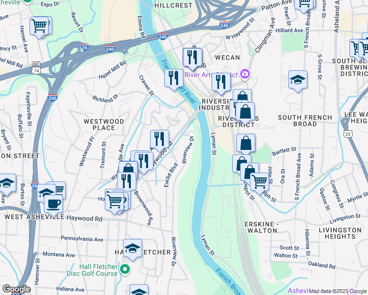 map of restaurants, bars, coffee shops, grocery stores, and more near 53 Riverview Drive in Asheville