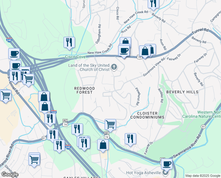 map of restaurants, bars, coffee shops, grocery stores, and more near 5 Violet Hill Circle in Asheville