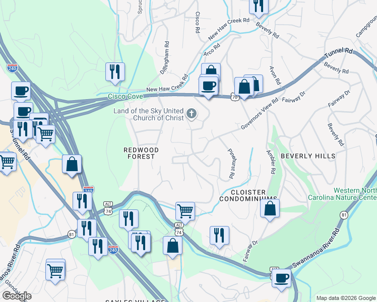 map of restaurants, bars, coffee shops, grocery stores, and more near 148 Governors View Road in Asheville