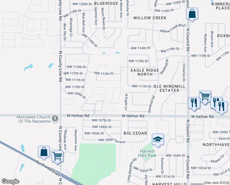 map of restaurants, bars, coffee shops, grocery stores, and more near 11016 Brick Lane in Oklahoma City