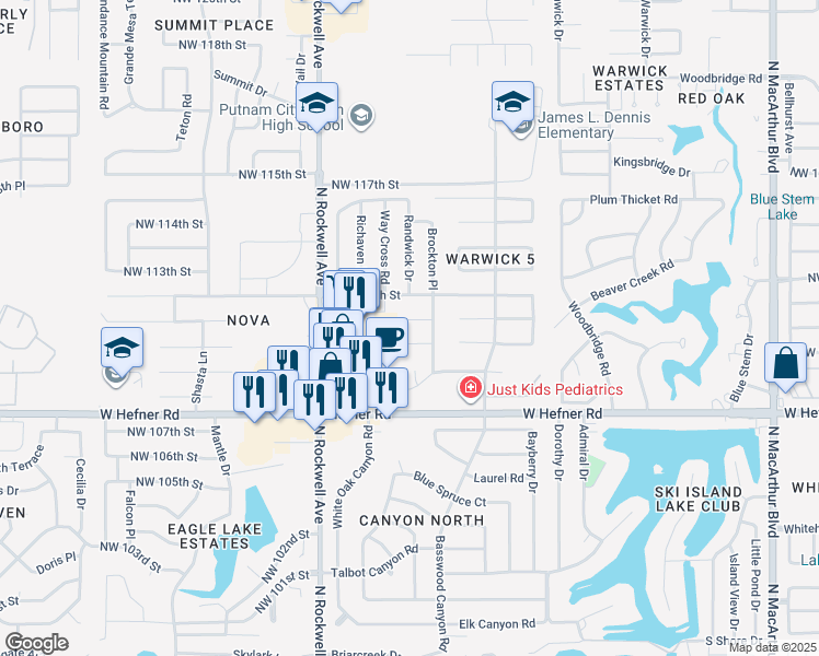 map of restaurants, bars, coffee shops, grocery stores, and more near 6708 Northwest 111th Court in Oklahoma City