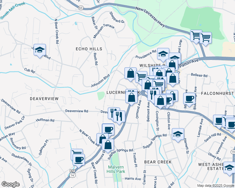 map of restaurants, bars, coffee shops, grocery stores, and more near 44 Eola Avenue in Asheville