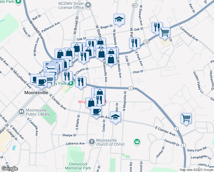 map of restaurants, bars, coffee shops, grocery stores, and more near 604 East Iredell Avenue in Mooresville