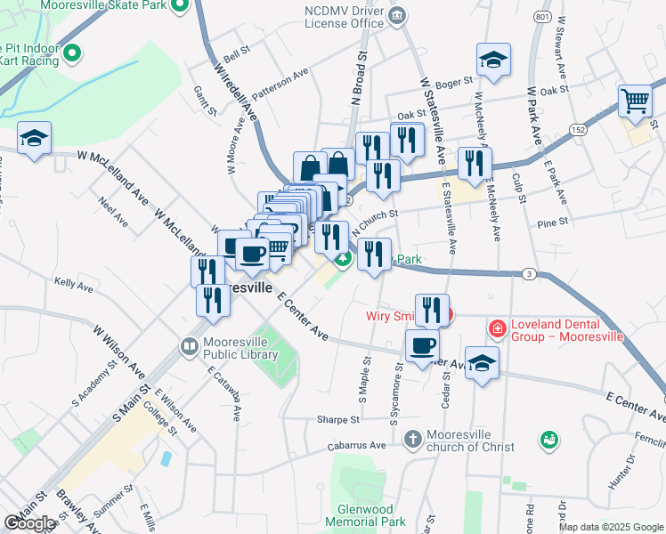 map of restaurants, bars, coffee shops, grocery stores, and more near 20 South Church Street in Mooresville