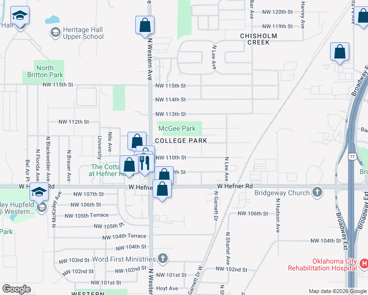 map of restaurants, bars, coffee shops, grocery stores, and more near 732 Northwest 111th Street in Oklahoma City