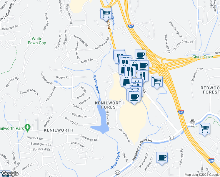 map of restaurants, bars, coffee shops, grocery stores, and more near 48 White Pine Drive in Asheville
