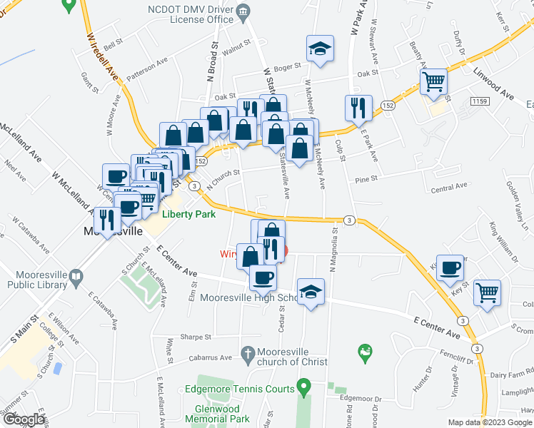 map of restaurants, bars, coffee shops, grocery stores, and more near 526 East Iredell Avenue in Mooresville
