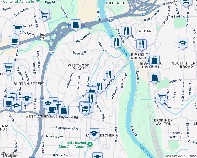 map of restaurants, bars, coffee shops, grocery stores, and more near 86 Deaver Street in Asheville