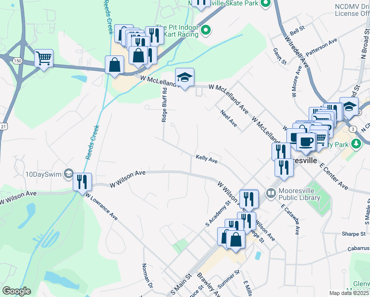 map of restaurants, bars, coffee shops, grocery stores, and more near 517 Kelly Avenue in Mooresville