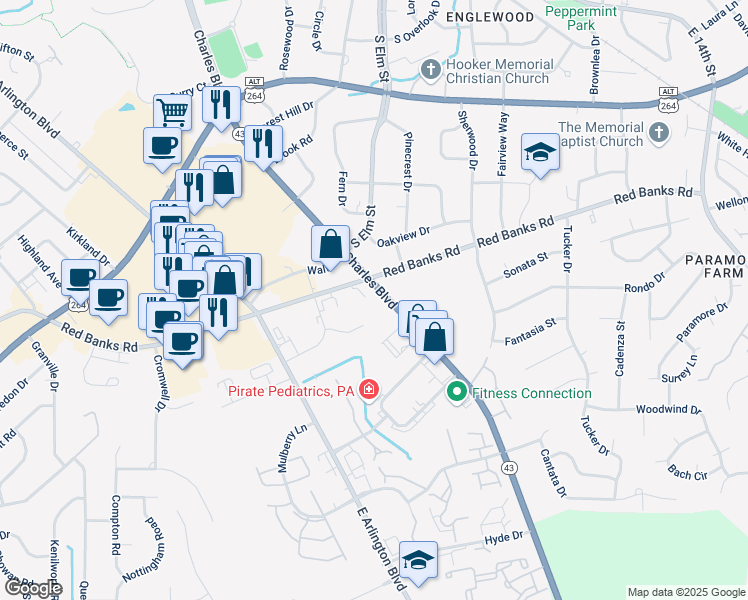 map of restaurants, bars, coffee shops, grocery stores, and more near 2404 Charles Boulevard in Greenville